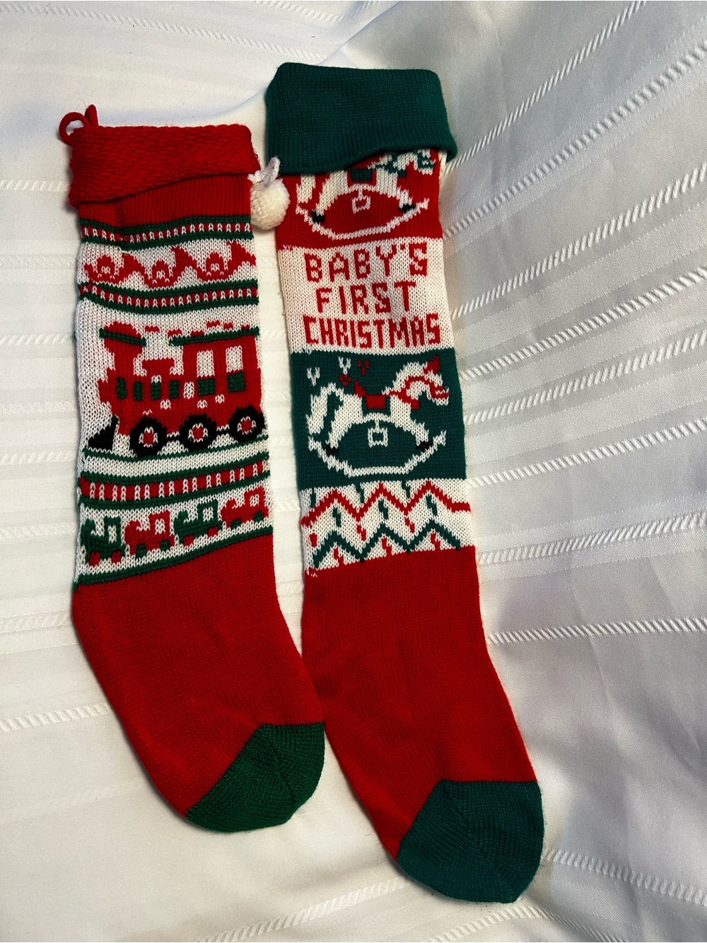 Vintage Set of 2 Christmas Stockings Baby's First Christmas Trains Red Green